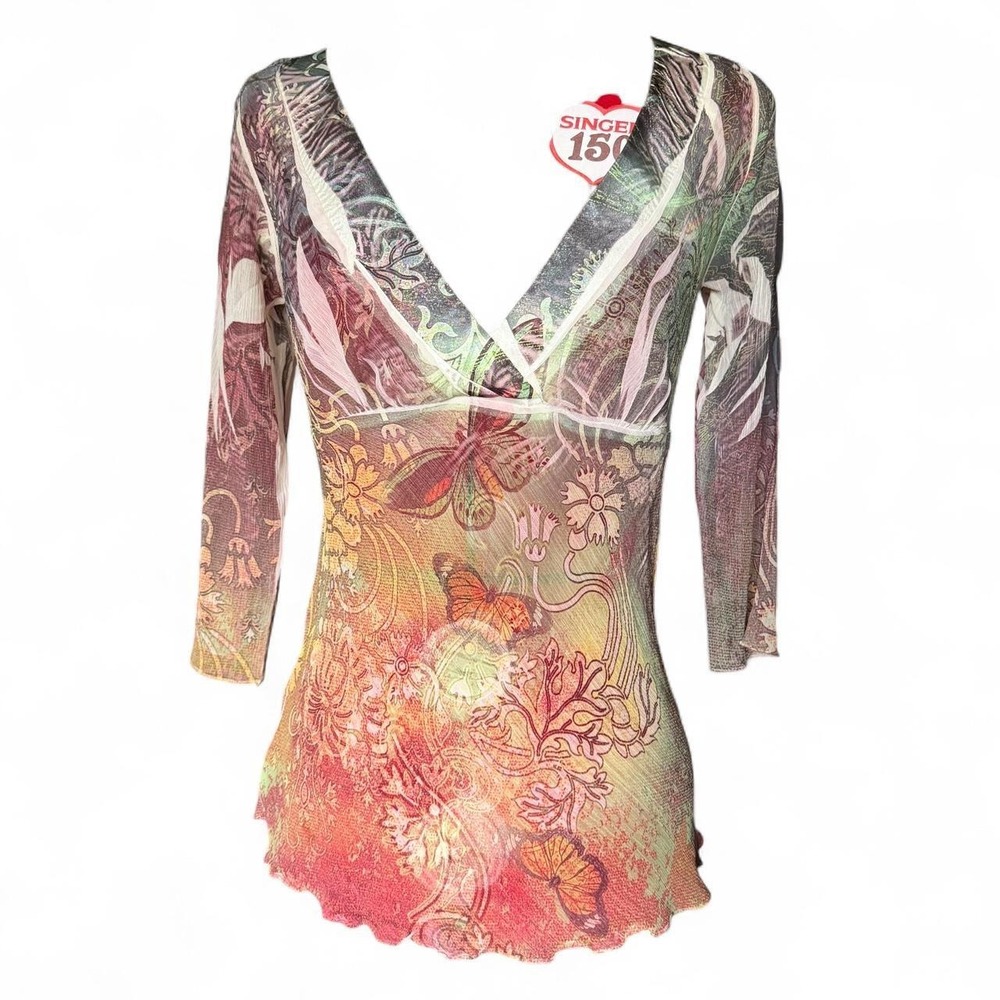 Simply Irresistible Y2K Fairycore Sheer Floral Butterfly Blouse Pink Green S